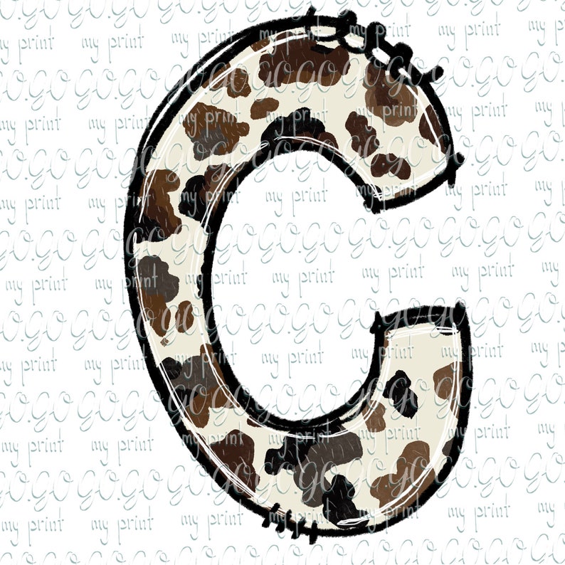May include: A large letter C with a brown and white cow print pattern. The letter is outlined in black and has a rough, hand-drawn look.
