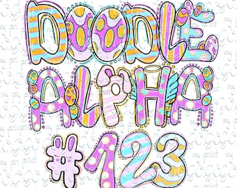 Paasalfabet PNG, bundel met doodle-letters en -cijfers voor sublimatie- en Cricut-projecten, digitale download