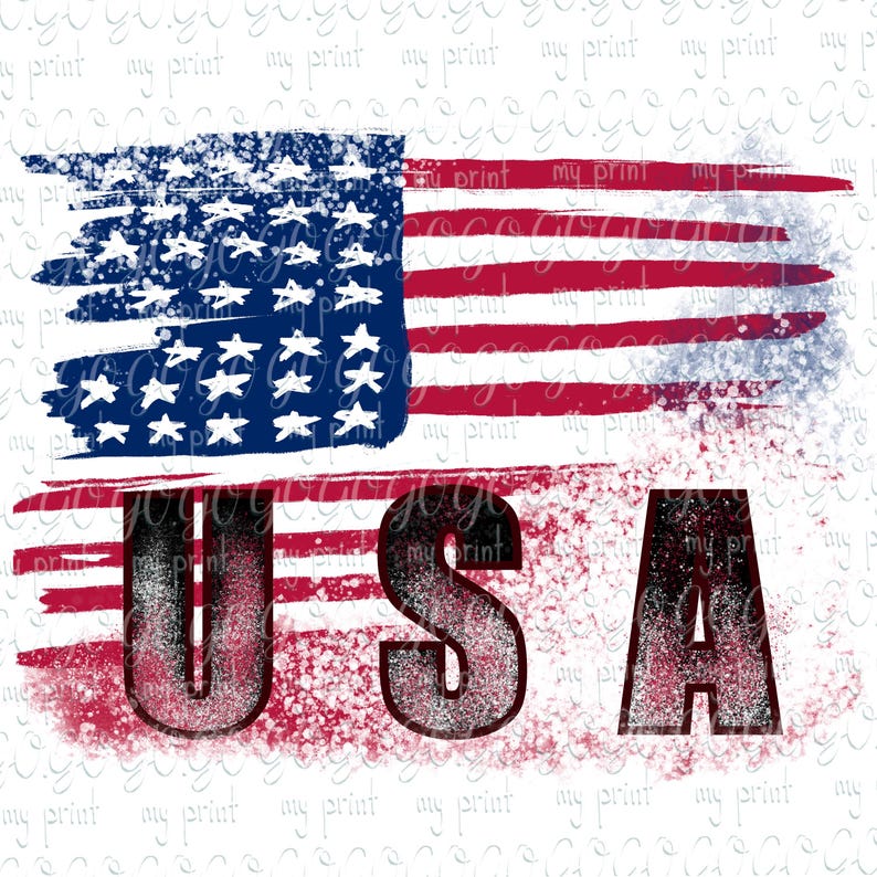 Distressed American flag digital design with blue stars, red white stripes and bold USA lettering.