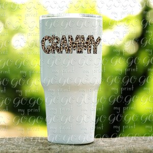 Grammy leopard print lettering displayed on a white tumbler as a sublimation project mockup.