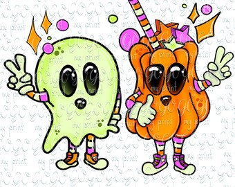 Ghost and Pumpkin PNG, Cute Halloween PNG, Spooky Season Sublimation Design, Retro Halloween Clipart, Digital Download