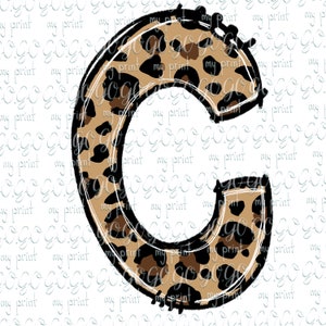 May include: A large letter C with a leopard print pattern. The letter is outlined in black and has a white background.