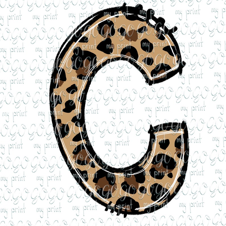 May include: A large letter C with a leopard print pattern. The letter is outlined in black and has a white background.