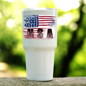 USA patriotic flag digital design displayed on a white sublimation tumbler mockup.