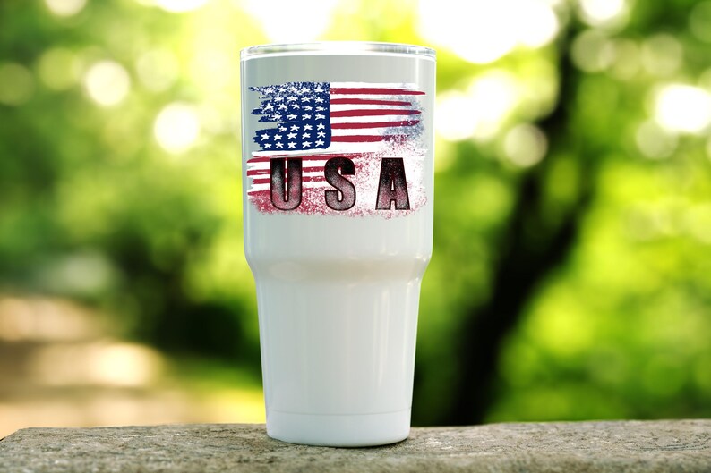 USA patriotic flag digital design displayed on a white sublimation tumbler mockup.