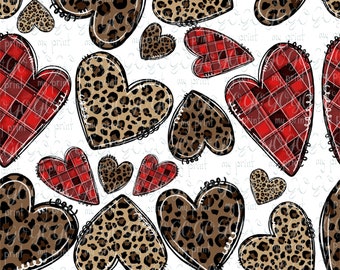 Valentine Heart Seamless Pattern PNG, Buffalo Plaid & Leopard Digital Paper, Love Background for Sublimation