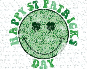 Happy St Patrick’s Day PNG, Lucky Smiley Face Sublimation Design, Shamrock Shirt