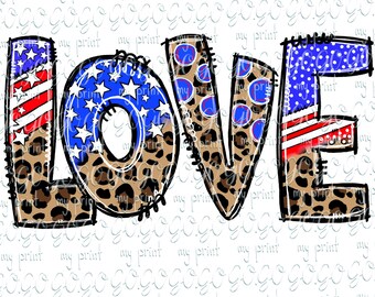 Patriotic LOVE PNG – Leopard Print American Flag Design for Fourth of July Crafts