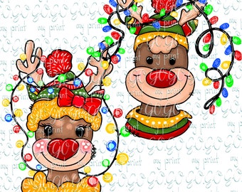 Rentier Mädchen Junge PNG, Weihnachtslichter Rentier Sublimationsdesign (Digitaler Download)