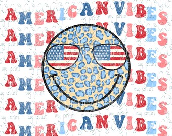 American Vibes Smiley PNG – Leopard Print Patriotic Face with USA Flag Sunglasses – Retro 4th of July Design
