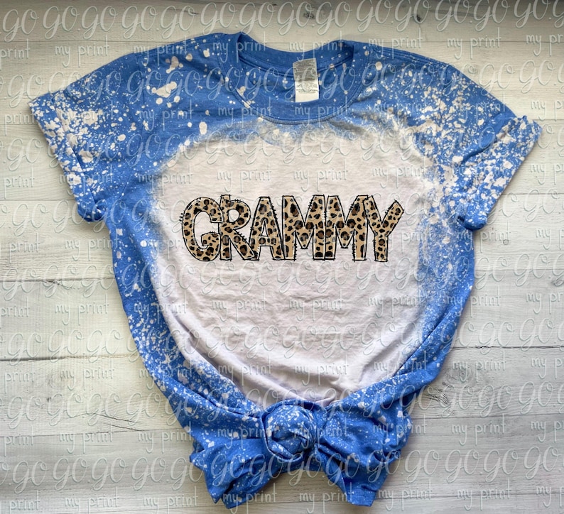 Grammy leopard print design shown on a blue and white bleached T-shirt mockup.