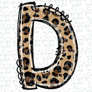 May include: A large letter D with a leopard print pattern. The letter is outlined in black and white, and the leopard print is in shades of brown and tan.