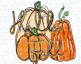 Hola otoño PNG, diseño de sublimación de trío de calabazas, imágenes prediseñadas de camisetas de otoño, descarga digital de otoño para Acción de Gracias