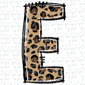 May include: A large letter E with a leopard print pattern. The letter is outlined in black and has a white background.