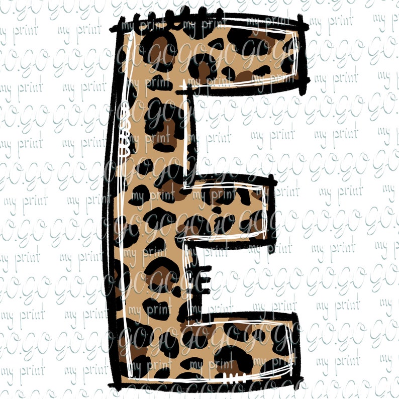 May include: A large letter E with a leopard print pattern. The letter is outlined in black and has a white background.