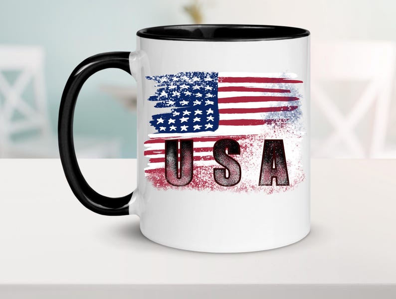 Distressed American flag and USA lettering shown on a white mug mockup.