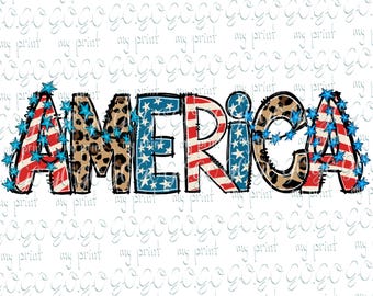 America Patriotic Design – Leopard Print Stars and Stripes Lettering – Independence Day PNG