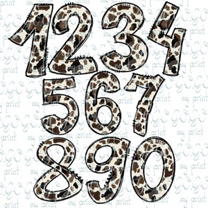 May include: A set of ten numbers, 1 through 10, in a brown and white leopard print pattern. The numbers are outlined in black and have a slightly distressed look.