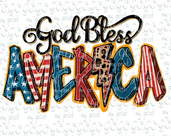 God Bless America PNG – Patriotic Christian Americana Design, Red White Blue Sublimation Download