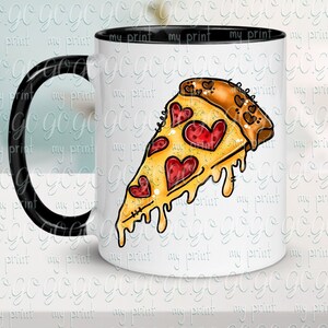 May include: A white ceramic mug with a black handle and interior rim. The exterior features a graphic illustration of a single slice of pizza with melted yellow cheese and multiple red heart-shaped pepperoni slices, with cheese dripping down the side.