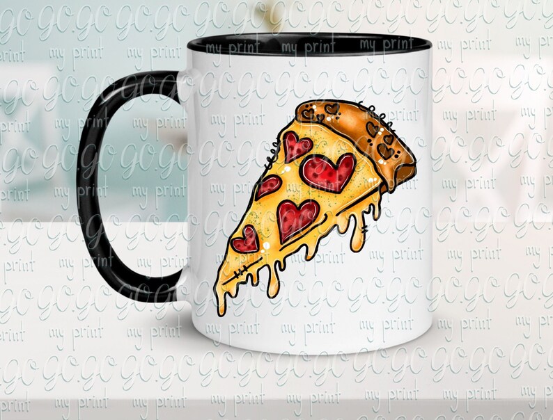 May include: A white ceramic mug with a black handle and interior rim. The exterior features a graphic illustration of a single slice of pizza with melted yellow cheese and multiple red heart-shaped pepperoni slices, with cheese dripping down the side.