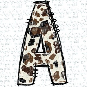 May include: A large letter A with a brown and white cow print pattern. The letter is outlined in black and has a rough, hand-drawn look.