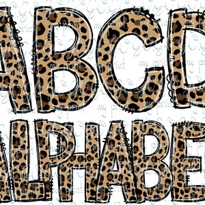 May include: A leopard print design of the letters A, B, C, and D, with the word "ALPHABET" below. The letters are outlined in black and have a distressed look.