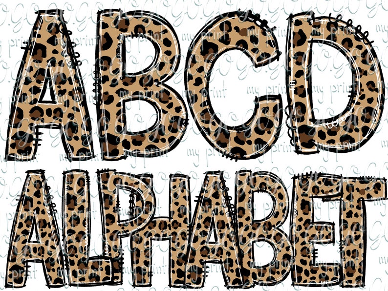 May include: A leopard print design of the letters A, B, C, and D, with the word "ALPHABET" below. The letters are outlined in black and have a distressed look.