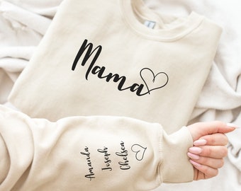 Custom Mama Sweatshirt with Kid Name on Sleeve, Personalized Mom Sweatshirt, Minimalist Mom Sweater, Mothers day Gift for Mom, Gift for Her