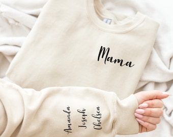 Custom Mama Sweatshirt with Kid Name on Sleeve, Personalized Mom Sweatshirt, Minimalist Momma Sweater, Christmas Gift for Mom, Gift for mom