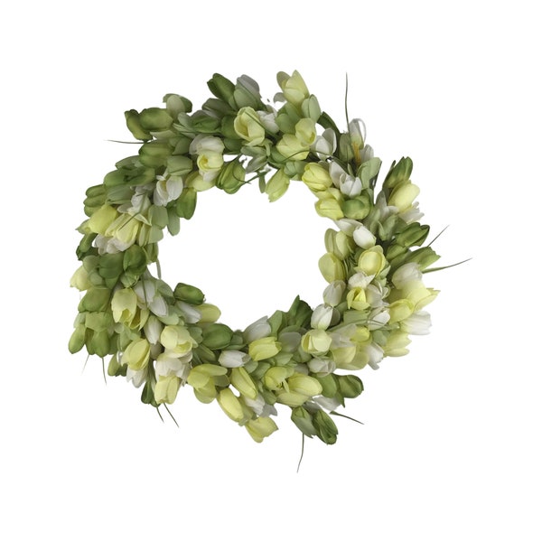 Couronne de tulipe verte et crème pour porte d'entrée, décoration murale tulipe, tulipes de printemps, tenture murale florale