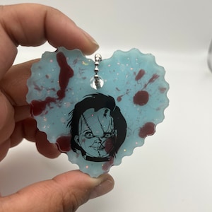 Chucky, Horror, Keychain, Horror Movie gifts, Halloween, Rearview Mirror Accessories, Stocking Stuffer, Blood Splatter