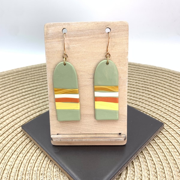 Light Green and Earth Tone Stripe Arch Dangle | Polymer Clay Earring