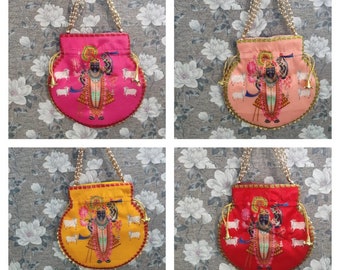 Handicrafts God And Pichwai Printed Women Potli Bags, Evening Handbags for women Best for gifting, Diwali Gift, Wedding Favors, Indian Potli