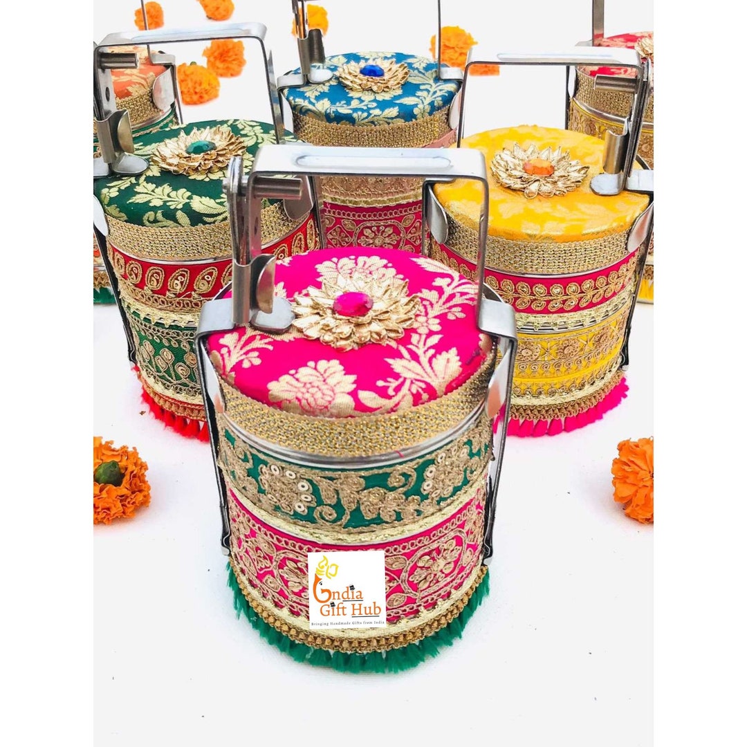 Tiffin Box With Two Tiers / Steel and Gota Pati Work Food Container