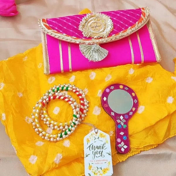 Wholesale Silk Dupatta With Gotta Work Envelope, Bangle And Mirror, Dupatta 2.25 Meter Free Size, Wedding Gift, Return Gift, Bridesmaid Gift