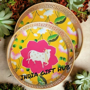 Hand painted Pichwai cow tray set, Pichwai painting / Pichwai lotus /  Kamdhenu, Cow painting, Pate art, wedding gift, return gift