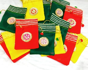 Gifting Rope Handle Gotta-patti Handmade Silk Potli Bags, Mehndi And Haldi Favor, Hand Work Potli Handbag, Wedding Favor, Return Gifts