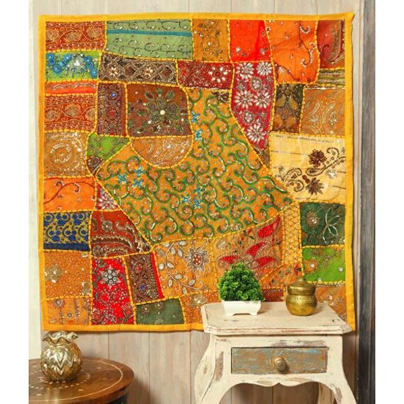Vintage SARI TAPESTRY SQUARE Yellow Hand Embroidered Patchwork