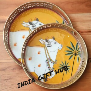 Hand painted Pichwai cow tray set, Pichwai painting / Pichwai lotus /  Kamdhenu, Cow painting, wedding gift, return gift, Diwali Gift