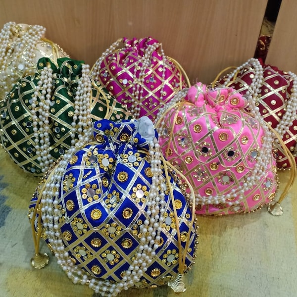 100 Pcs Indian Mirror Potli, Women Potli Handbag, Handmade Bag, Wedding Gifts, Clutch Purse, Wedding Favours, Wholesale Lot, Return Gifts