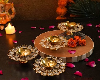 Pack of 4 Antique Brass Crystal Akhand Diya Oil Lamp for Puja Room Mandir,Tea Light Holder Decor, Decorative Diyas, Deepak for Temple,Diyas