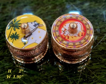 Brass Round Pichwai Print Sindoor/Roli/Kumkum Dibbi, Gold And Multi Color, Dibbi Set, Kumkum box, Return Gifts, Wedding Gifts