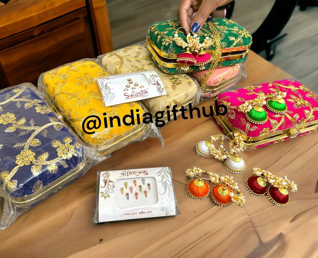Velvet Clutch Purse With Earrings and Bindi, Indian Wedding Gifts