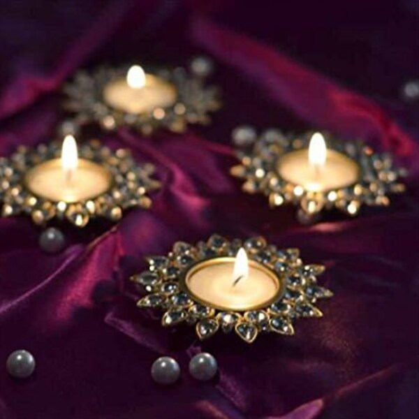 4 Pcs Metal Diyas, Pooja Accessories, Crystal Diyas, Floral Diyas, Tea Light Holder Decor, Decorative Diyas, Deepak for Temple, Diwali Diyas