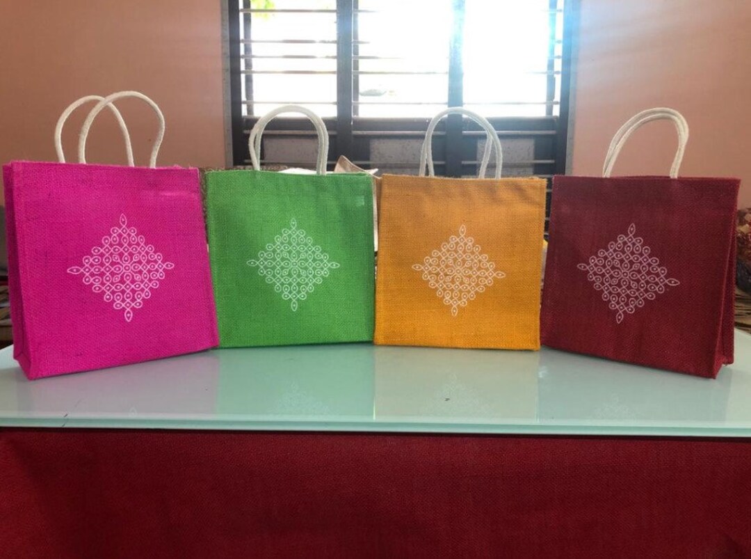 Jute Bags With Contrast Kolam Print for Return Gifts Thamboolam Bags