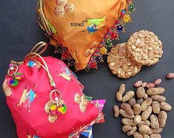Silk Potli Bags with Fancy Rajasthani Couple Dolls Hand Work Potli Handbag, Lohri/Sankranti Favor, Return Gifts