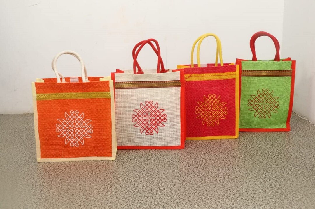 Jute Bags With Contrast Kolam Print for Return Gifts Thamboolam Bags