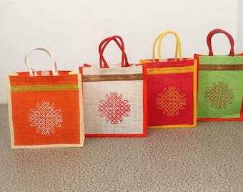 Jute Bags with Contrast kolam Print for Return Gifts Thamboolam Bags Wedding Gifts Lunch Bag Multicolor 10*9*4 inches Gifts