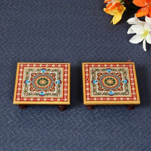 Intricate Floral Painted Marble Chowki 10.2 cm x 10.2 cm x 2.55 cm, Return Gifts, Wedding Gifts